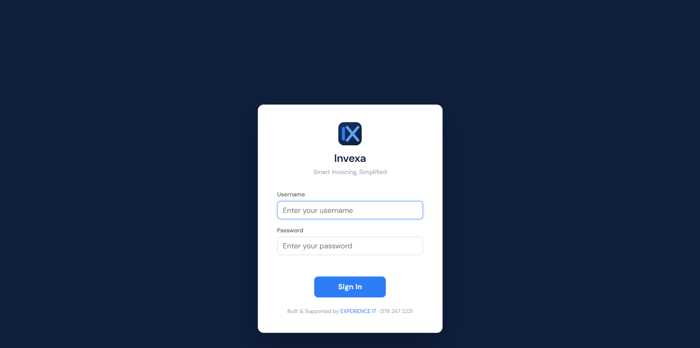 The Invexa sign-in screen