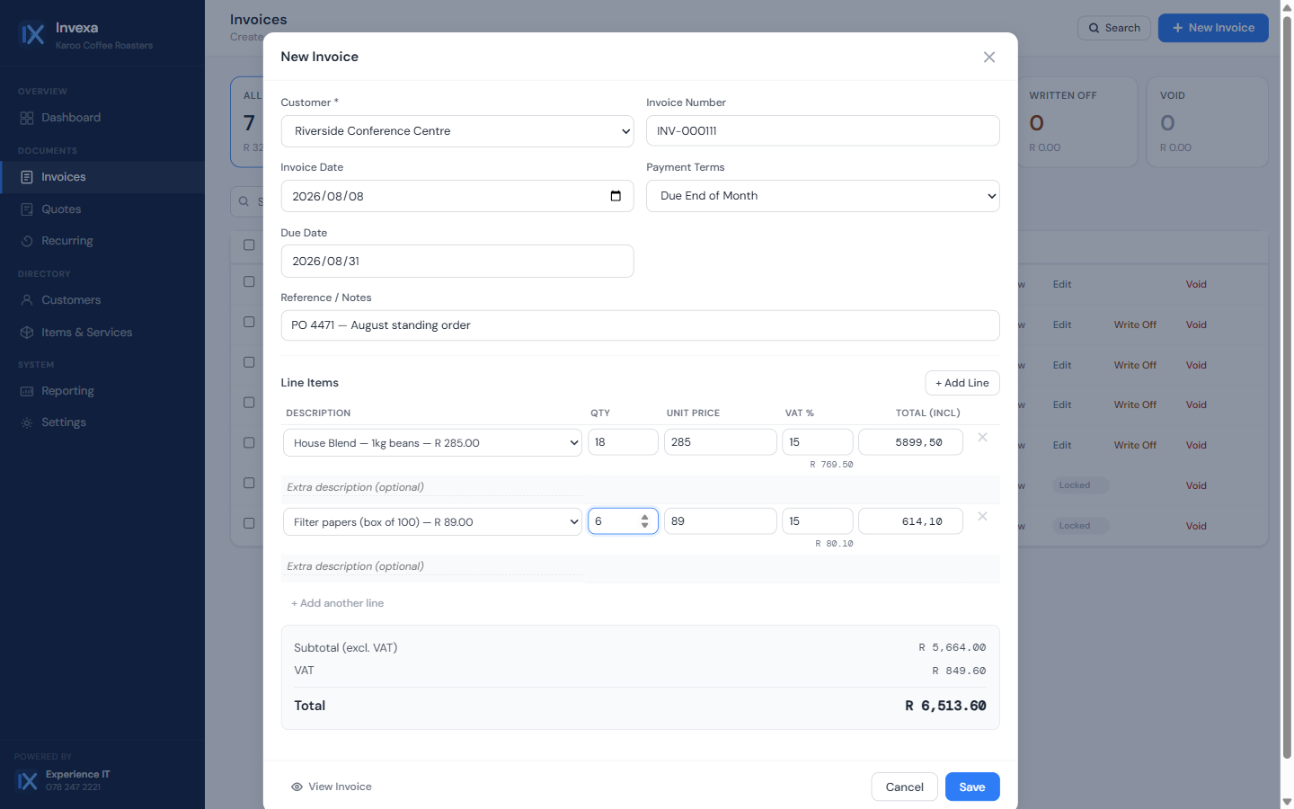 Creating a new invoice in Invexa