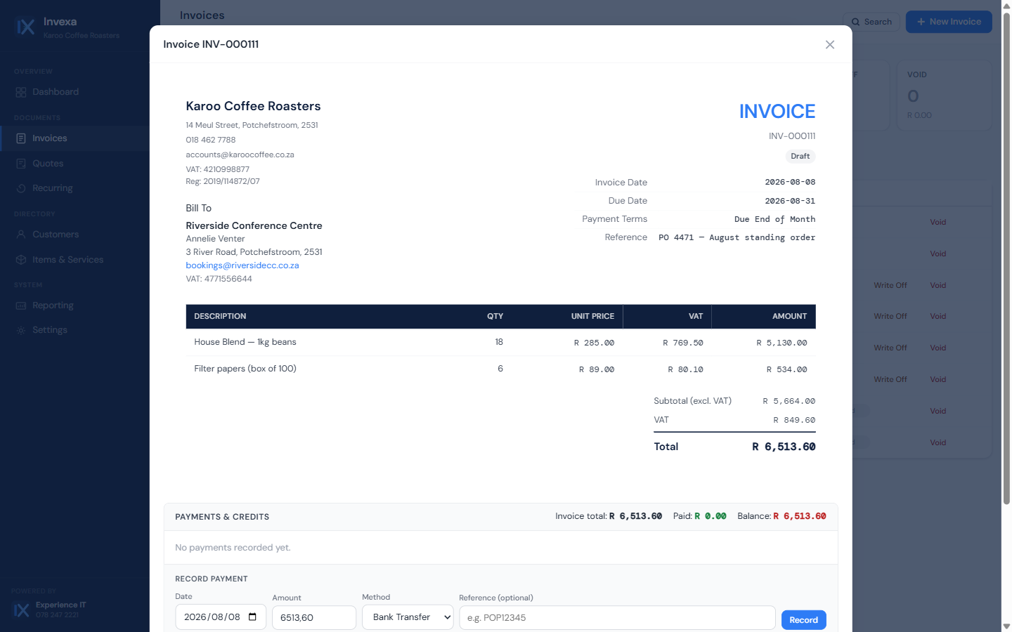 The finished invoice document