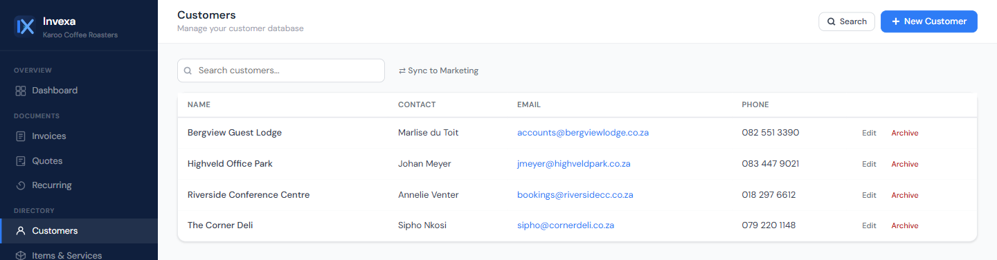 The customer list