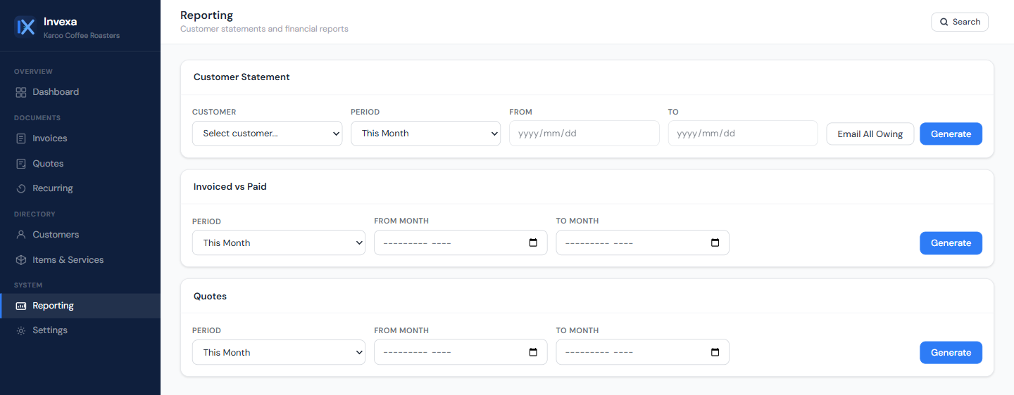 The reporting screen